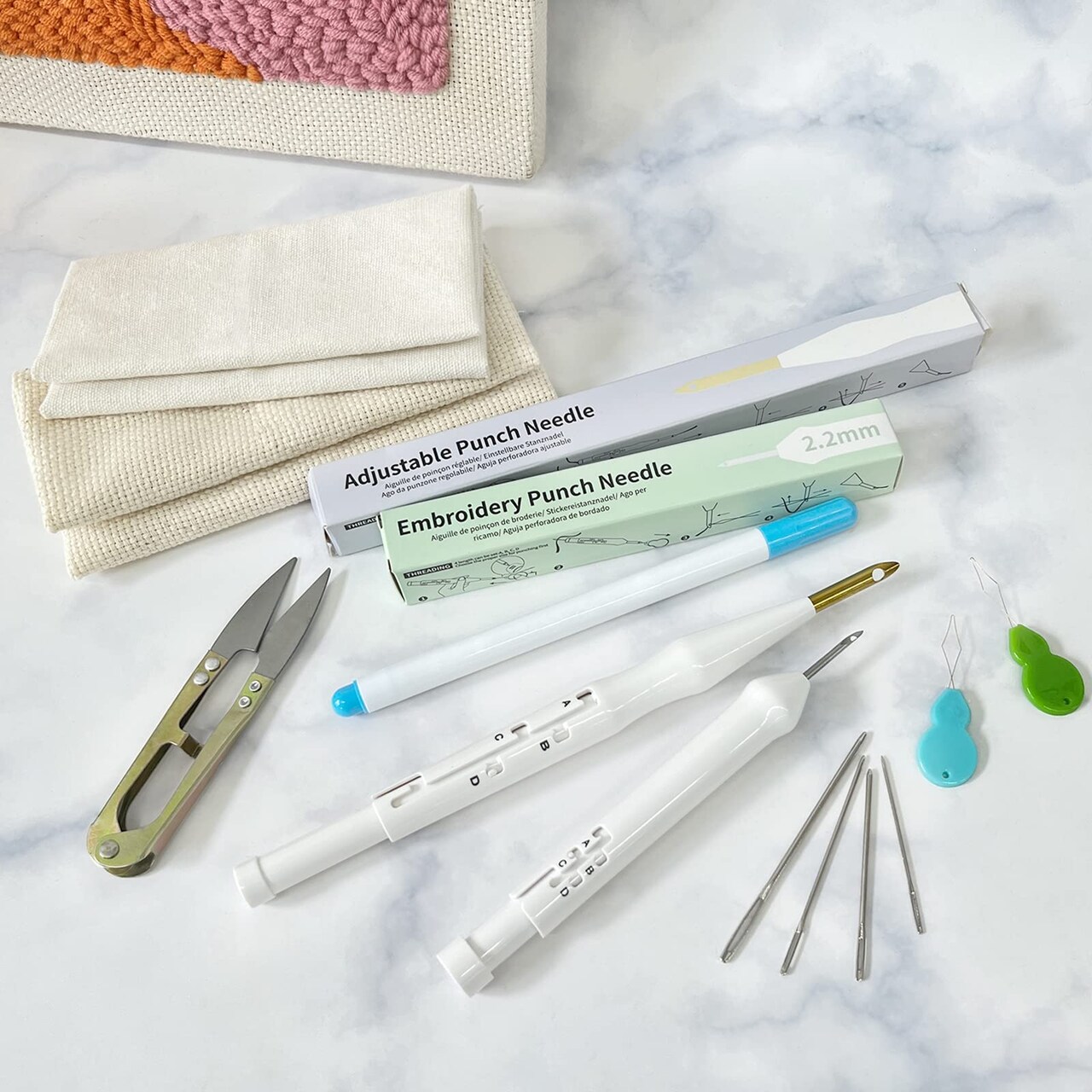 Embroidery Punch Rug Punch Beginner Kit, 2 Different Adjustable Punch Needle Tool with 9"x9" Monk's Cloth and Pita Cloth